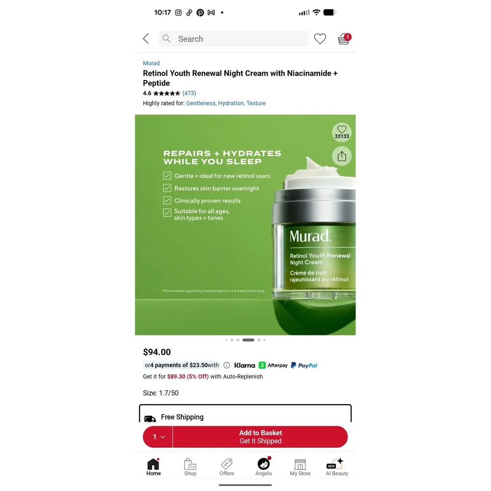 NEW Murad Retinol Youth Renewal Night Cream Niacinamide Peptide 1.7oz no box